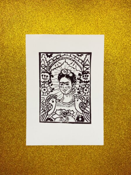 Frida on yellow lino print