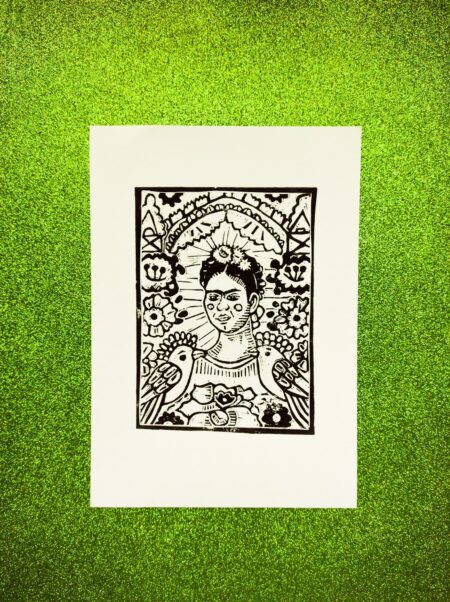 Frida on green lino print