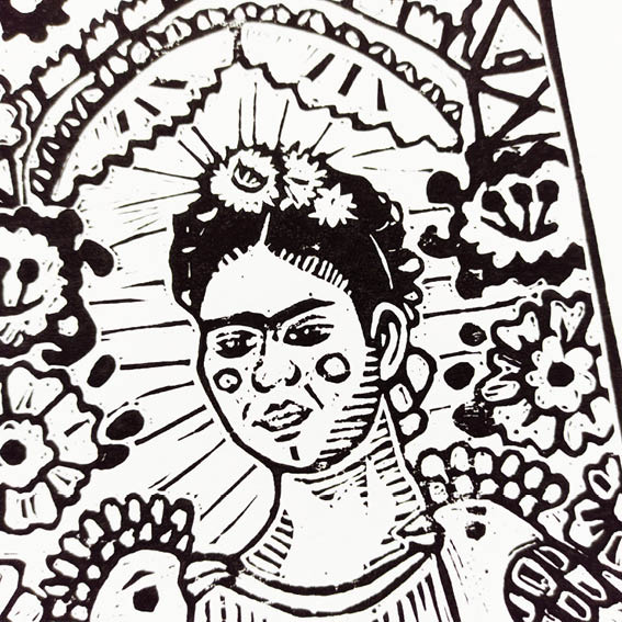 Frida up close lino print SQUARE